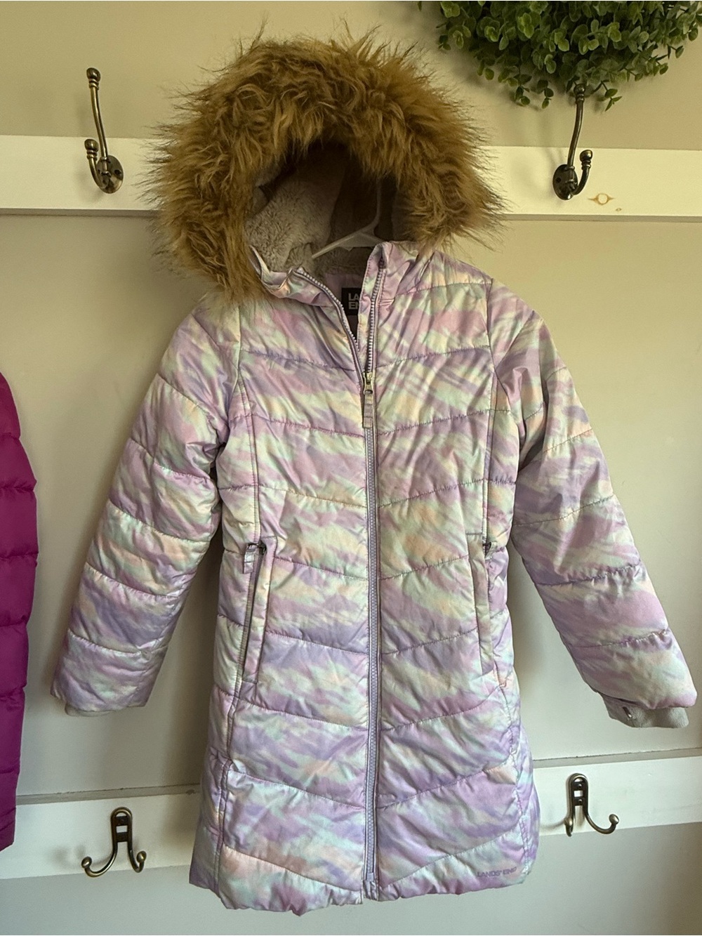 Lands' End Pastel Lavender-Pink Quilted Puffer Coat with Faux Fur Hood